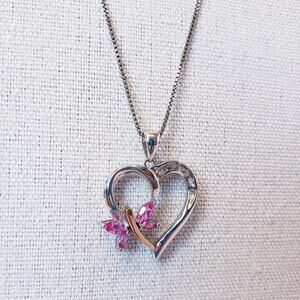 Heart Dragonfly Pendant Necklace‎ 925 14K Simulated Pink Sapphire Sterling Chain